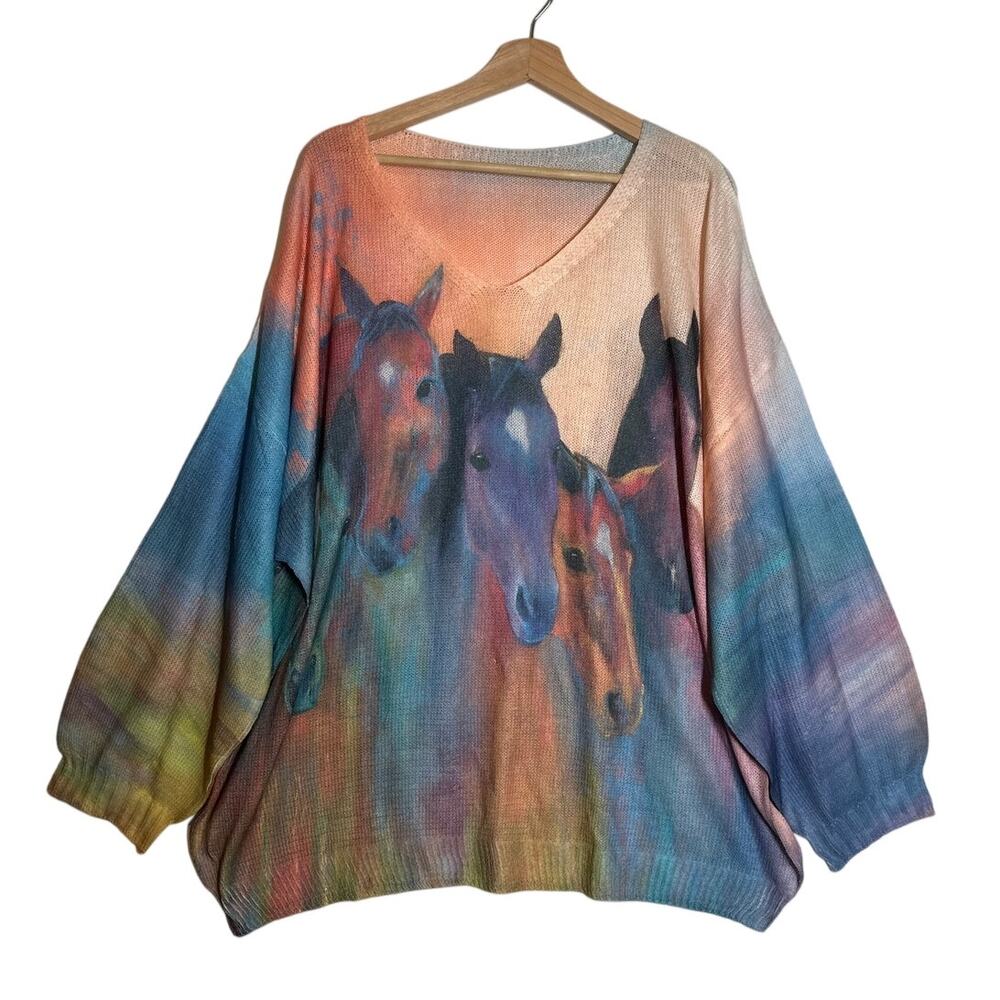 Horse Print Boho Equestrian Watercolor Oversized Sweater Top Long Sleeves 2X